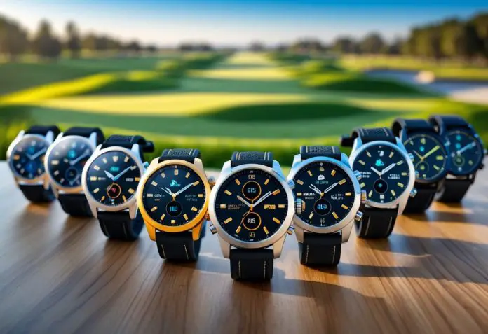A collection of golf watches displayed on a wooden surface with a golf course in the background.