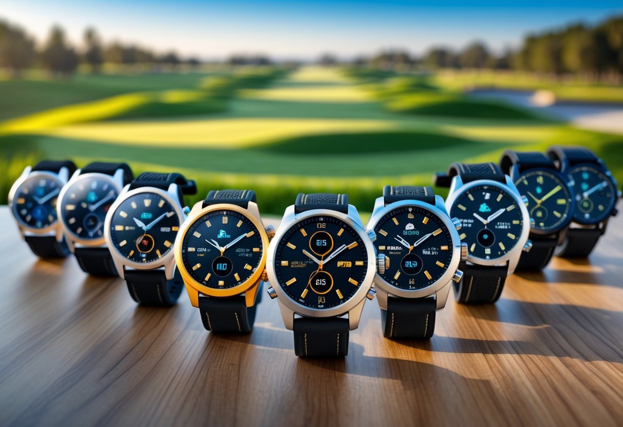A collection of golf watches displayed on a wooden surface with a golf course in the background.