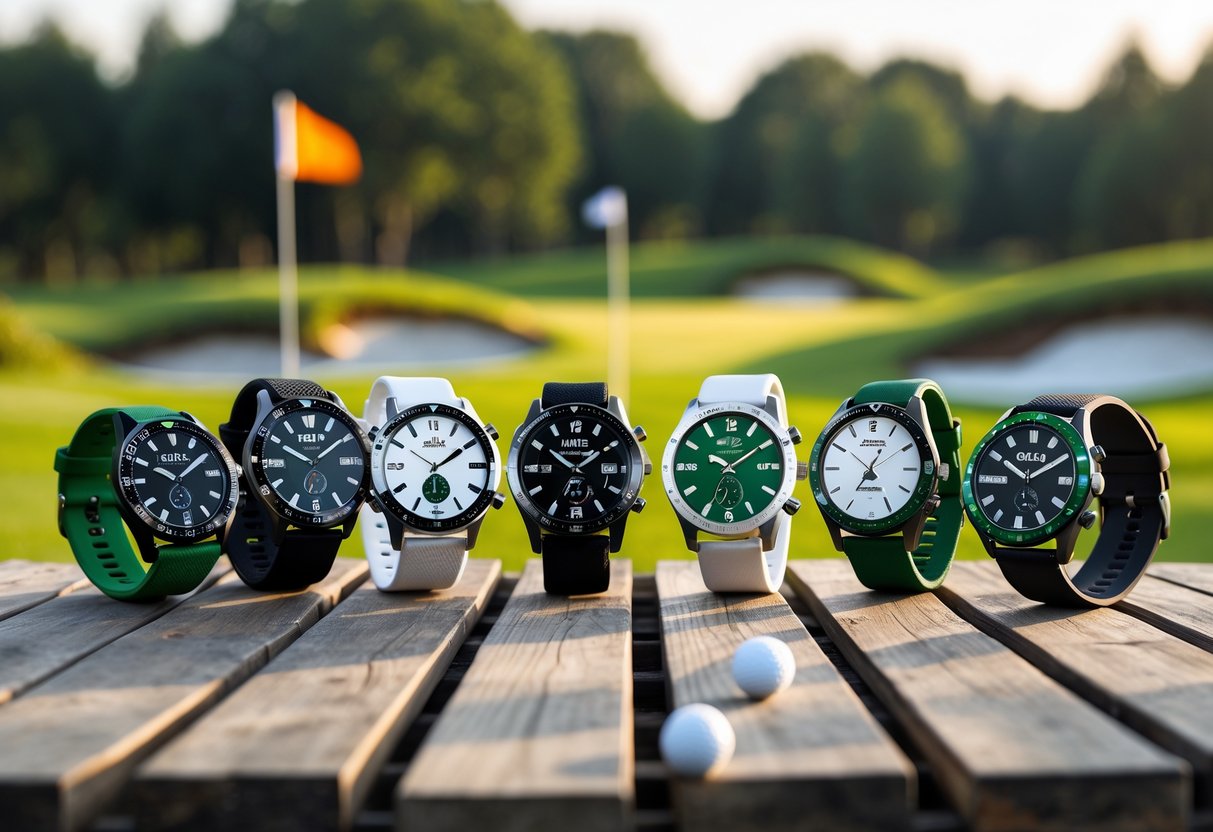 A collection of golf watches displayed on a wooden table with a golf course in the background.