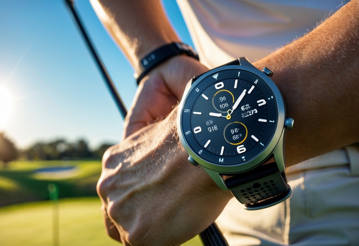 Close-up of a golfer's wrist wearing a golf watch while holding a club on a golf course.