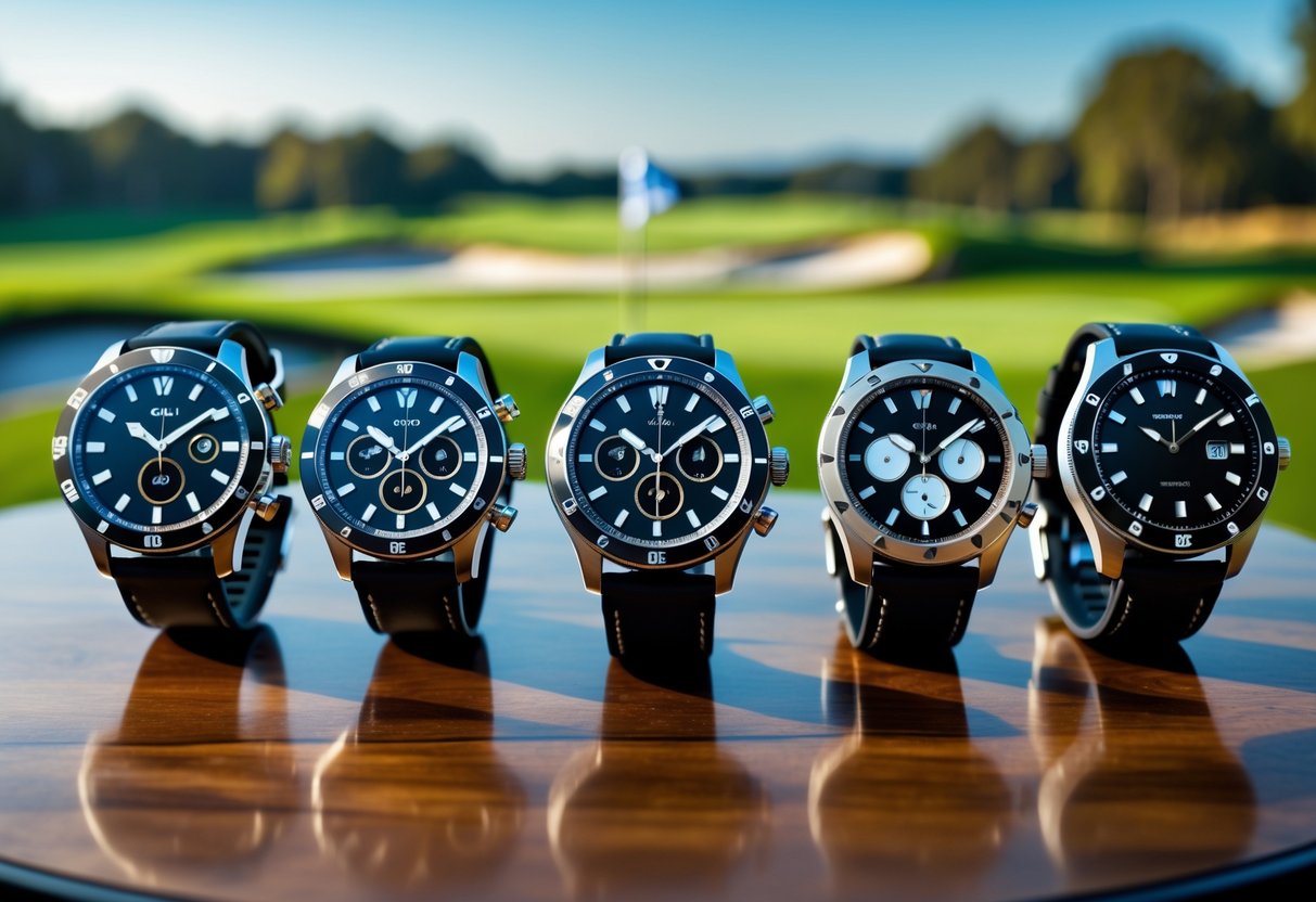 A selection of high-end golf watches displayed on a wooden surface with a golf course in the background.