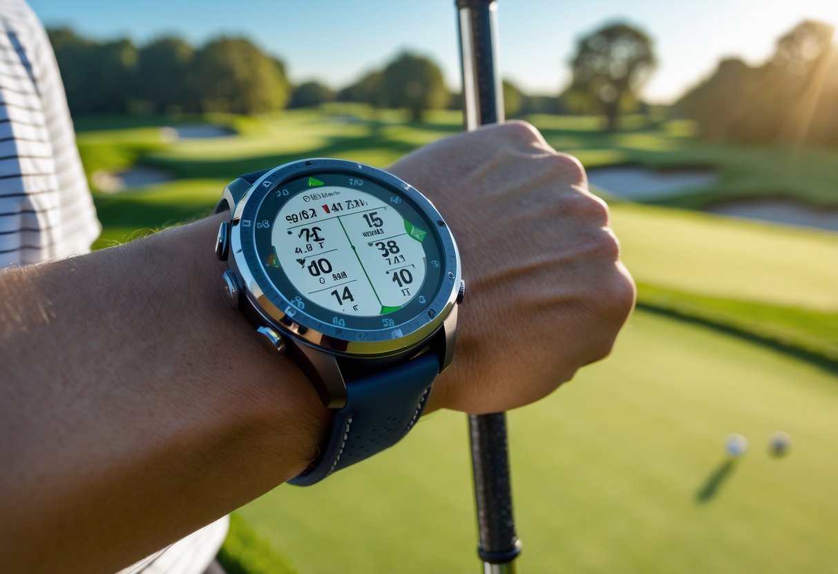 Close-up of a golf watch on a golfer's wrist showing golf-related data with a green golf course in the background.