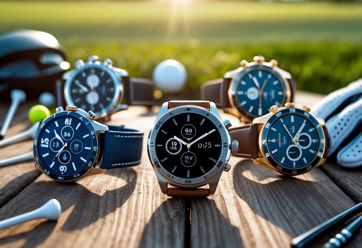 A collection of golf watches displayed on a table with golf accessories and a blurred golf course in the background.