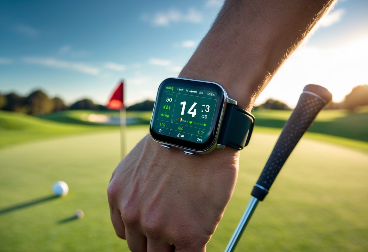 Close-up of a golfer's wrist wearing a golf watch while holding a golf club on a green golf course.