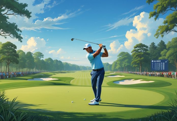 v2-w9hu7-qy6l3-2 A golfer swinging on a green golf course with spectators and trees in the background during the first round of a golf tournament.