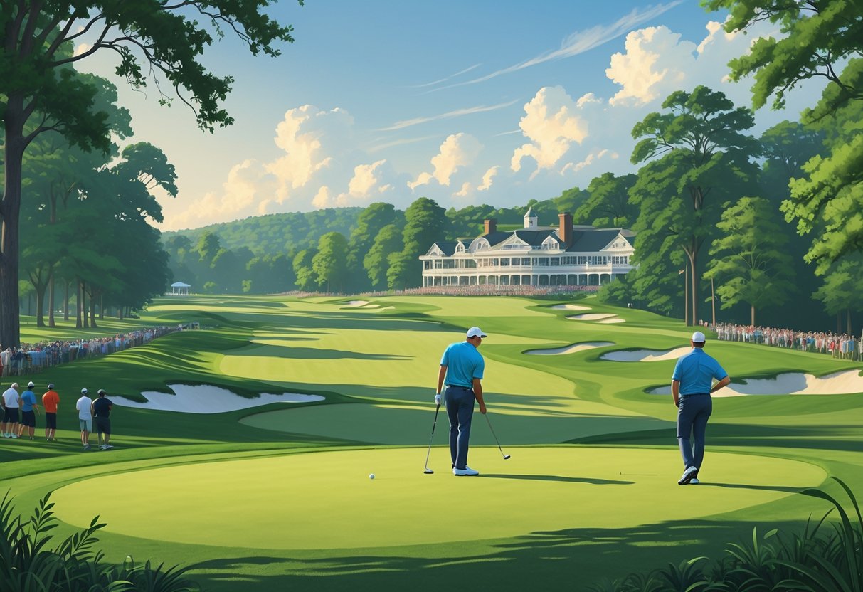 A golfer swinging on a lush golf course with spectators watching and a clubhouse in the background during a sunny day.