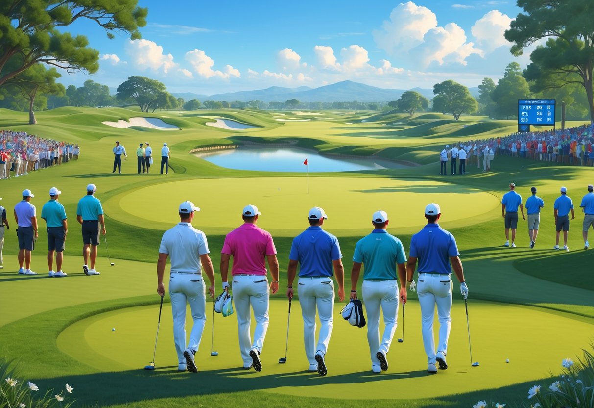 Four professional golfers walking on a golf course fairway with spectators watching during a sunny day at a golf tournament.