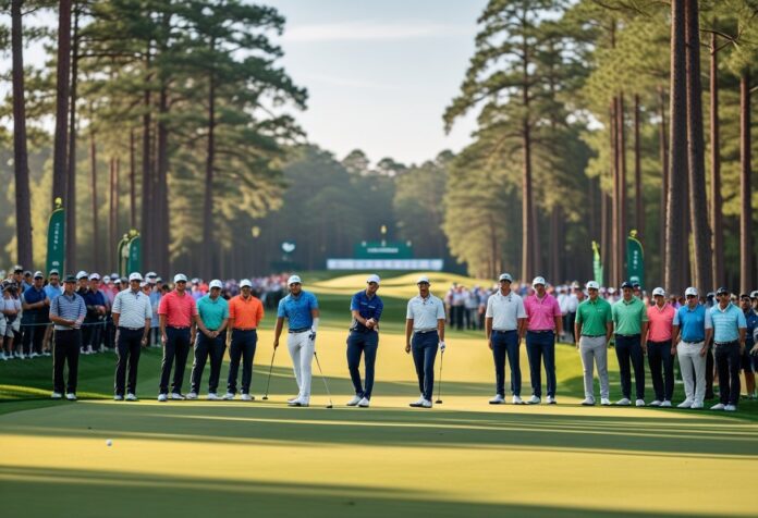 v2-1bt1th-hgcka Golfers playing on a green golf course with spectators watching during a sunny day at a major tournament.