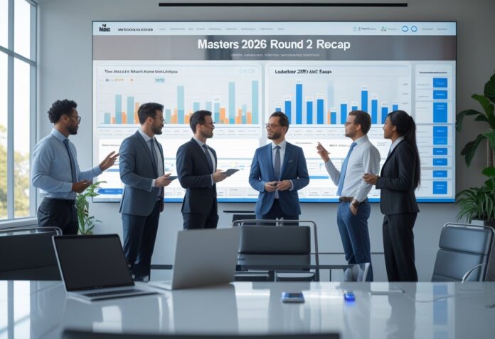 v2-1bt1u2-4bbkg A group of professionals analyzing sports leaderboard data on a large digital screen in a modern office.