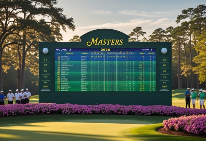 A golf leaderboard on a lush course surrounded by spectators and players during a tournament.