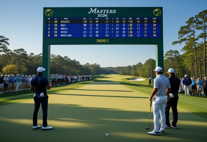 v2-1bt1yc-txjic Golf players and spectators looking at a digital leaderboard on a green golf course during the Masters 2026 tournament after Round 2.