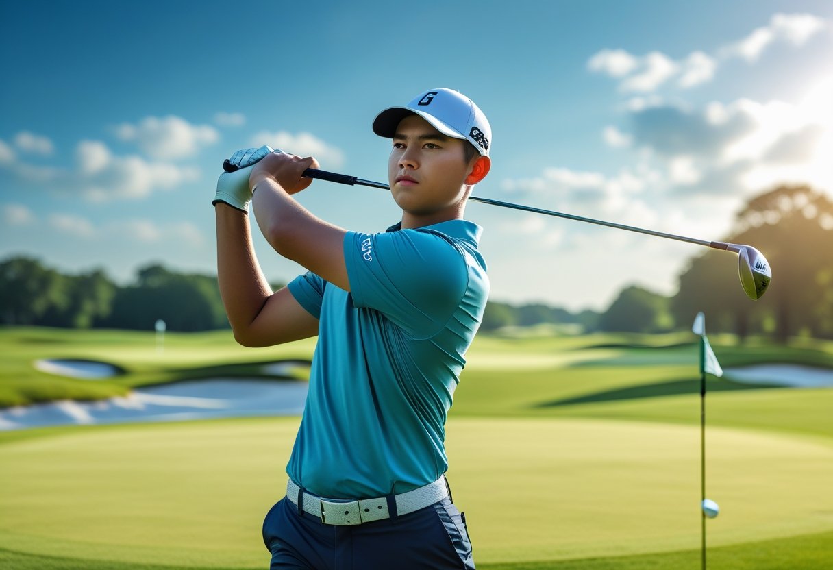 Young male golfer practicing his swing on a sunny golf course.