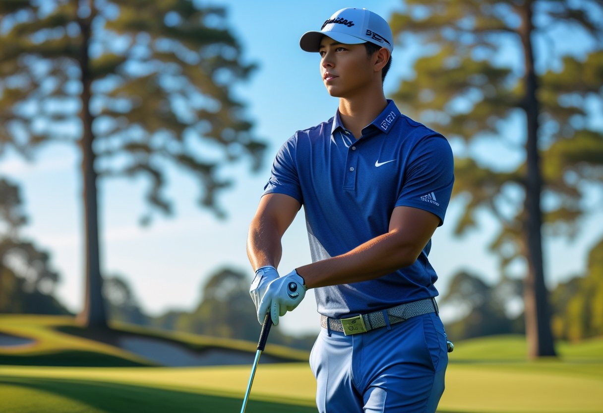 A young male golfer preparing to swing on a sunny golf course with green grass and trees in the background.