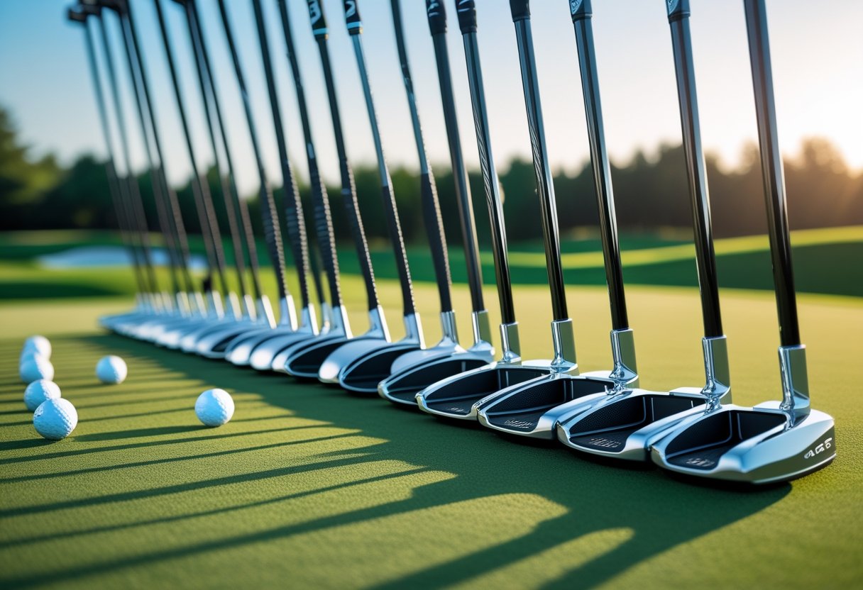 A selection of modern golf putters arranged on a green putting surface with a golf course in the background.