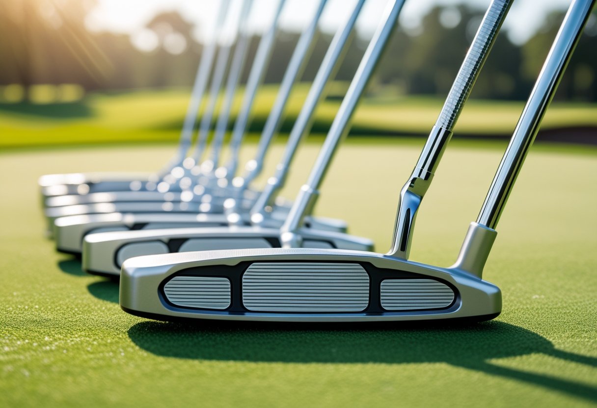 Close-up of several golf putters arranged on a putting green with a golf course in the background.