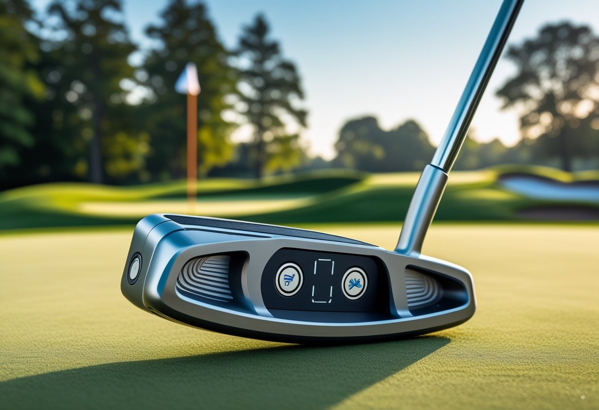 A modern golf putter resting on a green golf course near a hole with a flagstick.