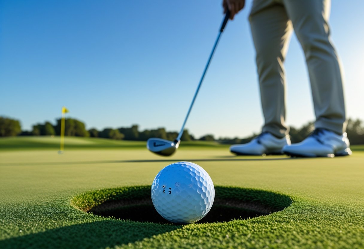 A golf ball near the hole on a green with a golfer celebrating in the background on a sunny golf course.