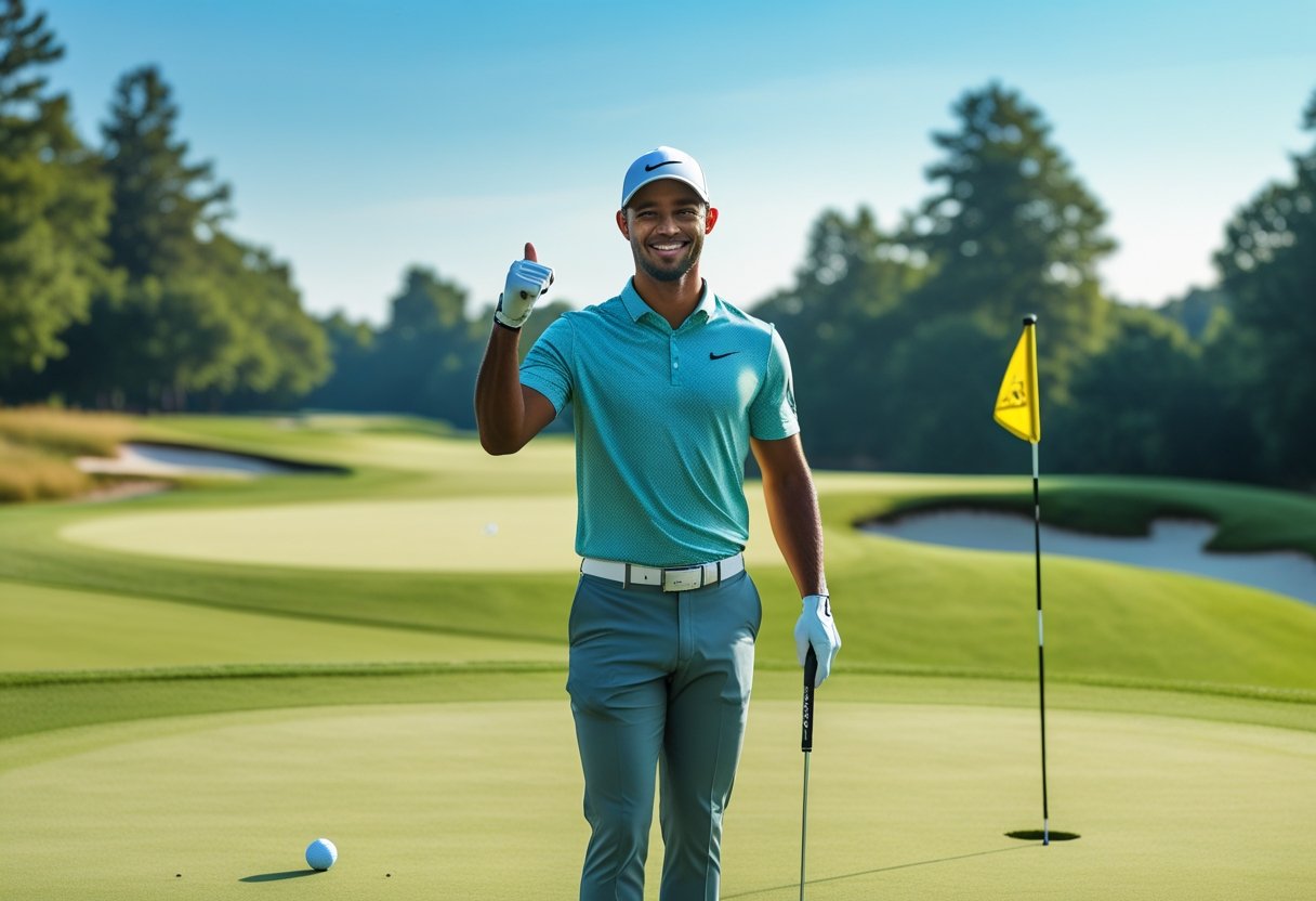 A golfer celebrating after making a putt on a green golf course under a clear sky.