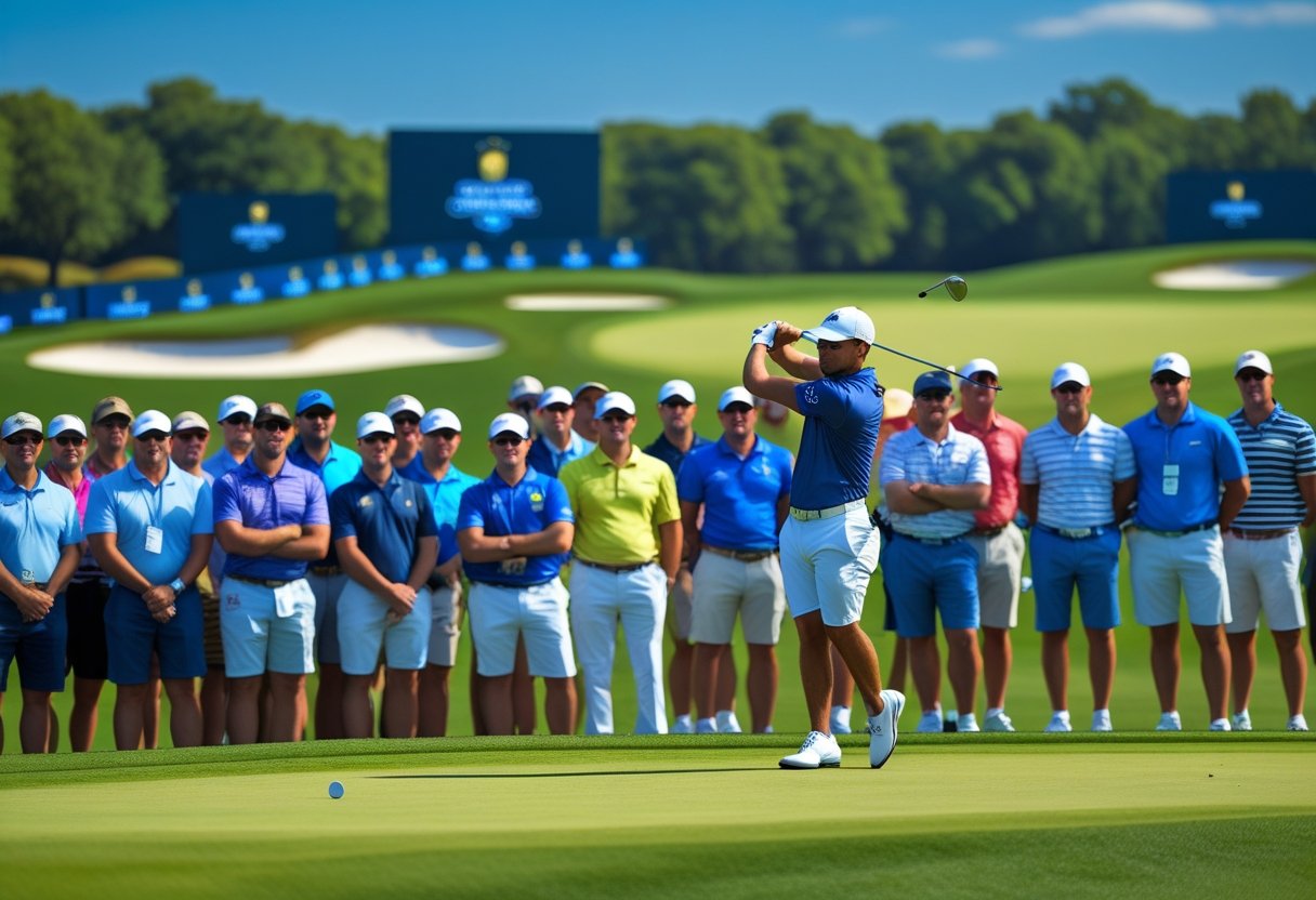 Spectators watching a golfer swing on a green golf course during a championship event.