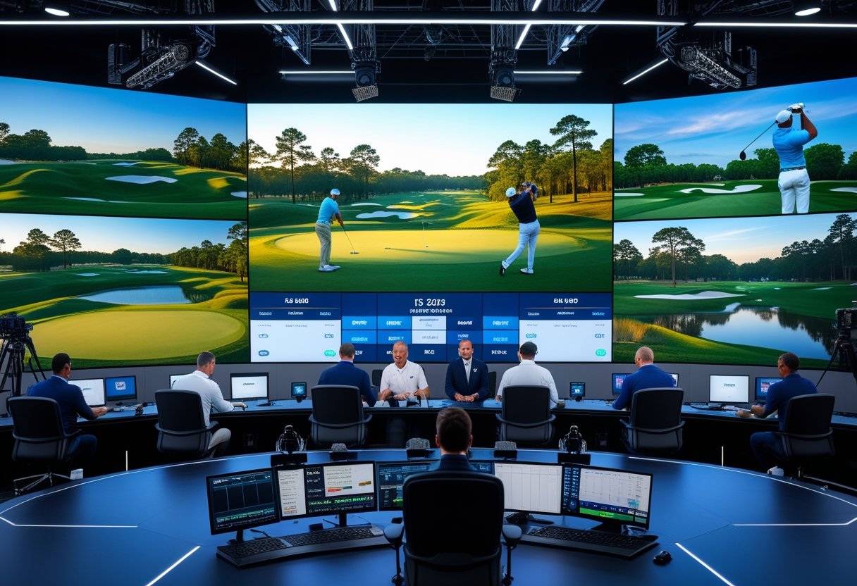 Broadcast team working in a studio with screens showing a golf tournament and golf course.