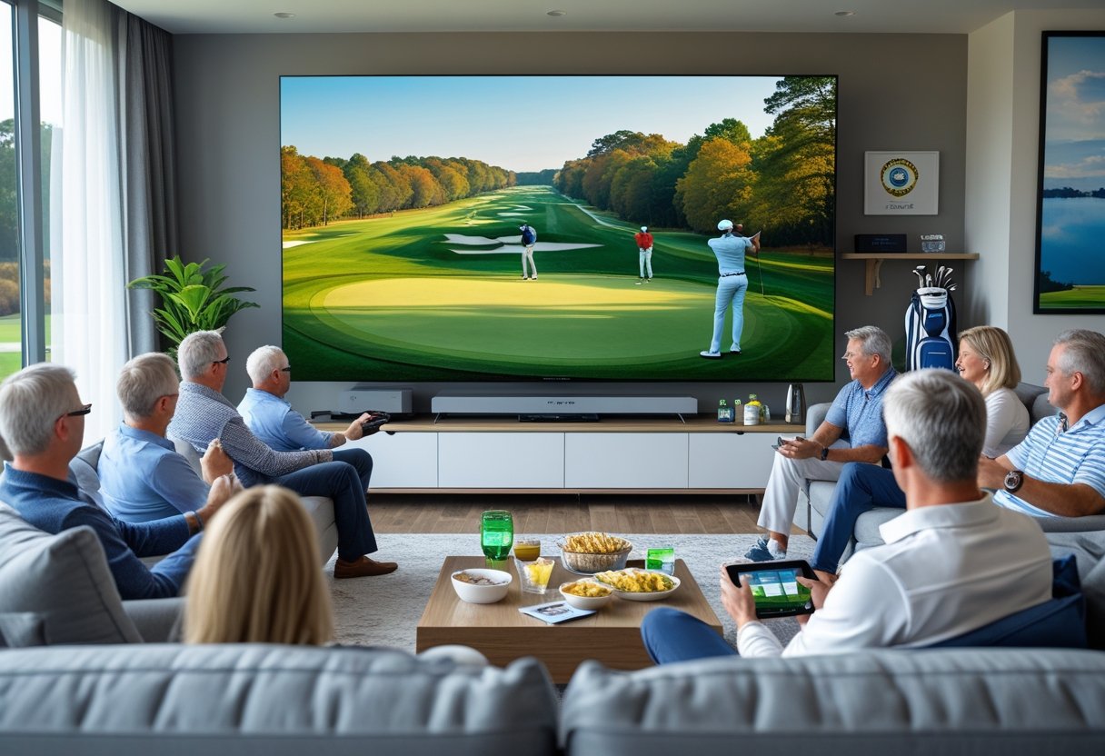 People watching a golf tournament on a large TV in a living room, with some using tablets and smartphones.