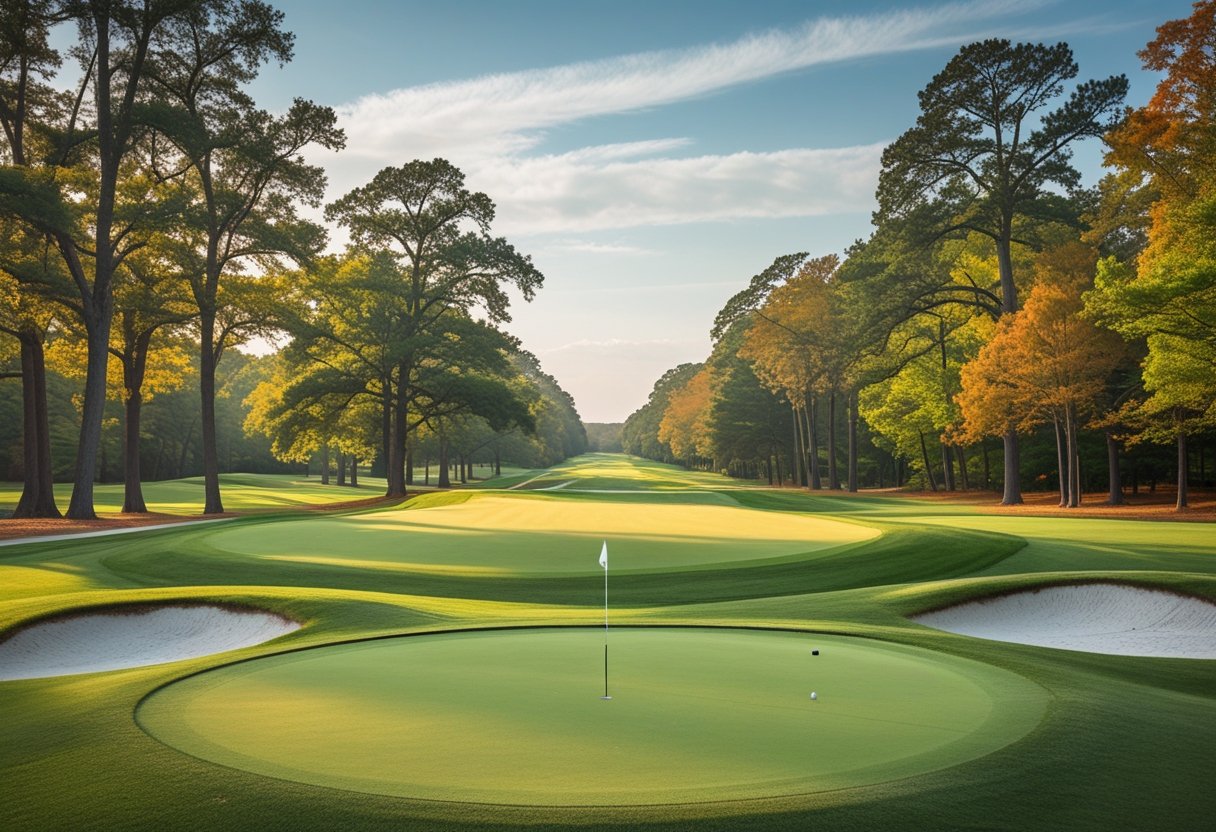 A lush green golf course fairway and putting green surrounded by trees under a clear sky.