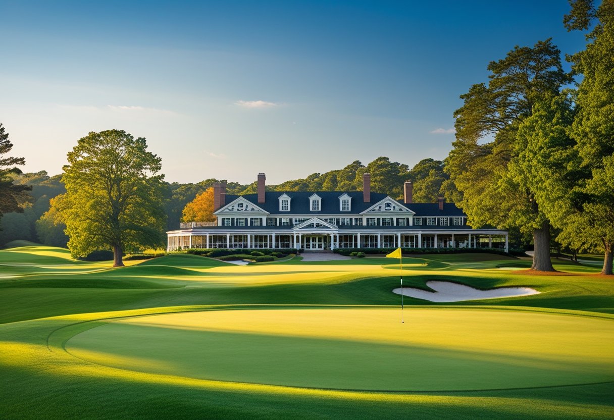 A golf course with green fairways, mature trees, rolling hills, and a classic clubhouse in the background under a clear sky.