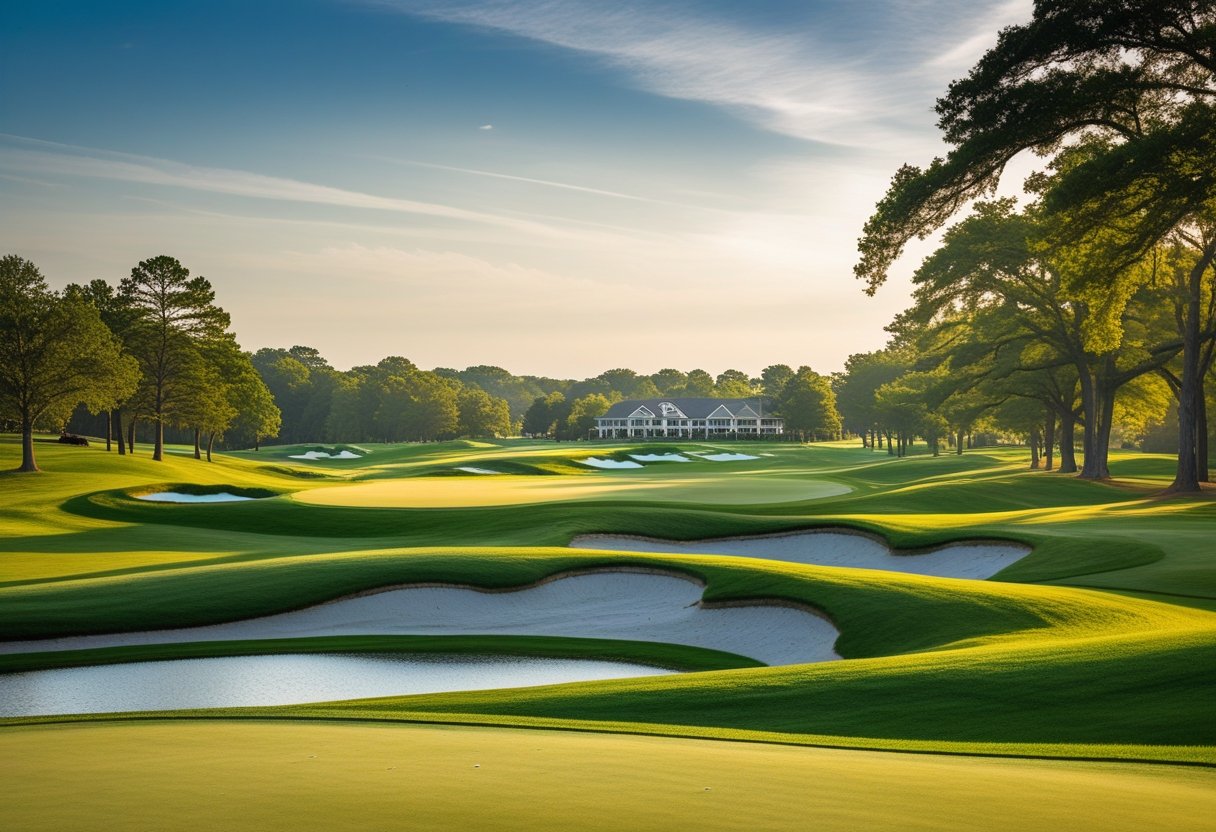 A wide view of a golf course with green fairways, sand bunkers, trees, and a clear sky.